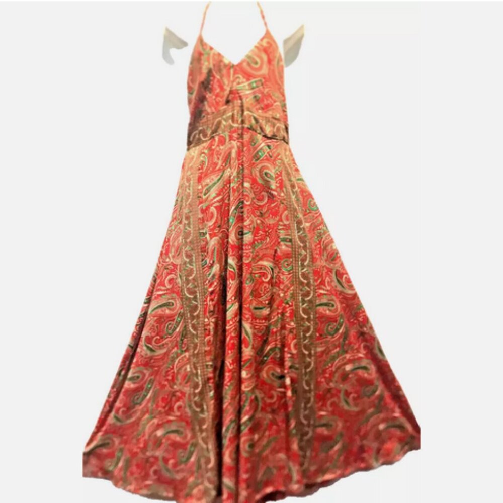 SACRED THREADS paisley boho funky soft poly/silk maxi halter DRESS M